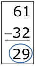 61 minus 32 equals 29. 29 is circled.