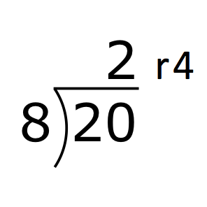20 divided by 8 equals 2 remainder 4
